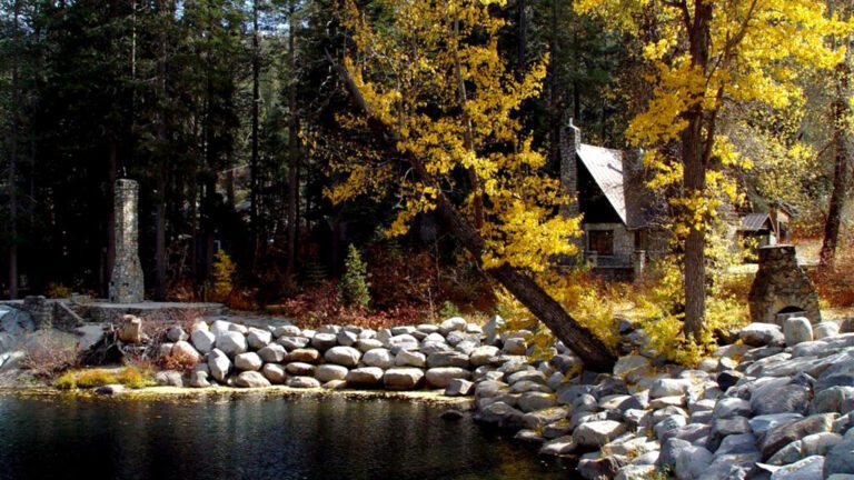 Autumn Cabin by River with Yellow Trees HD Wallpaper
