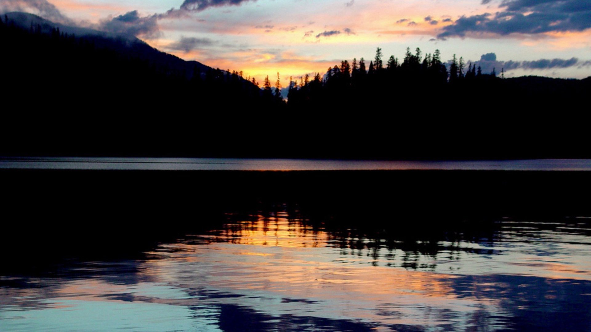Mountain Lake Sunset Reflection with Forest Silhouette HD Wallpaper