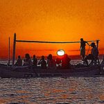 sunset boat silhouette ocean artistic texture qhd wallpaper