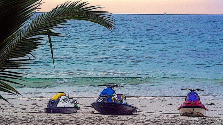 Tropical Beach with Jet Skis Artistic Ocean HD Wallpaper