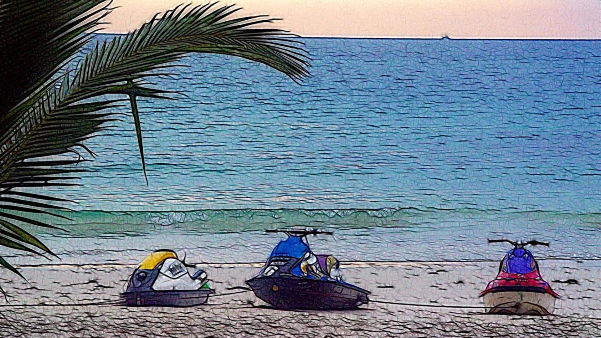 Tropical Beach with Jet Skis Artistic Ocean HD Wallpaper