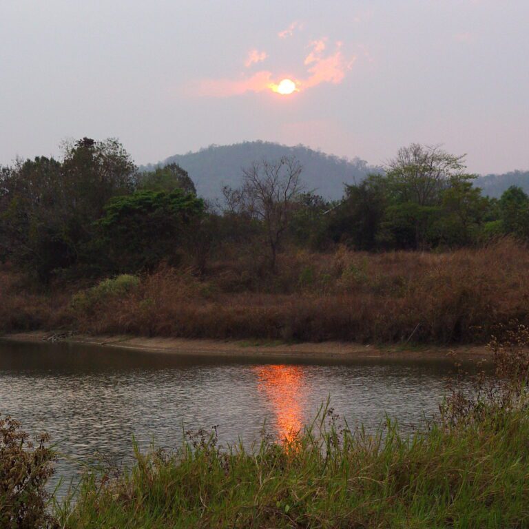Sunset Over River with Hazy Hills – Warm Reflection Square Wallpaper
