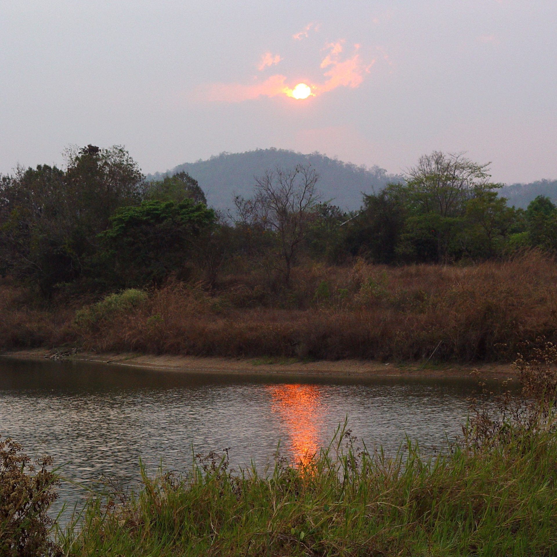 Sunset Over River with Hazy Hills – Warm Reflection Square Wallpaper