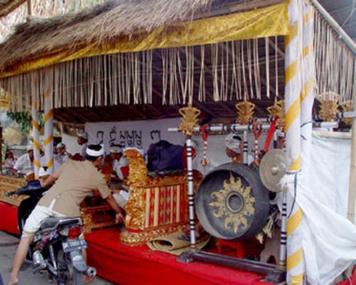 Traditional Balinese gamelan instruments prepared for a ceremony