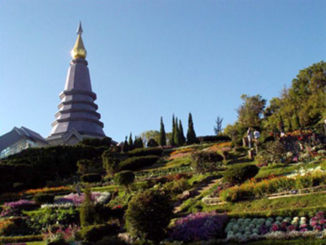 Pagoda and flower gardens at Doi Inthanon National Park in Thailand