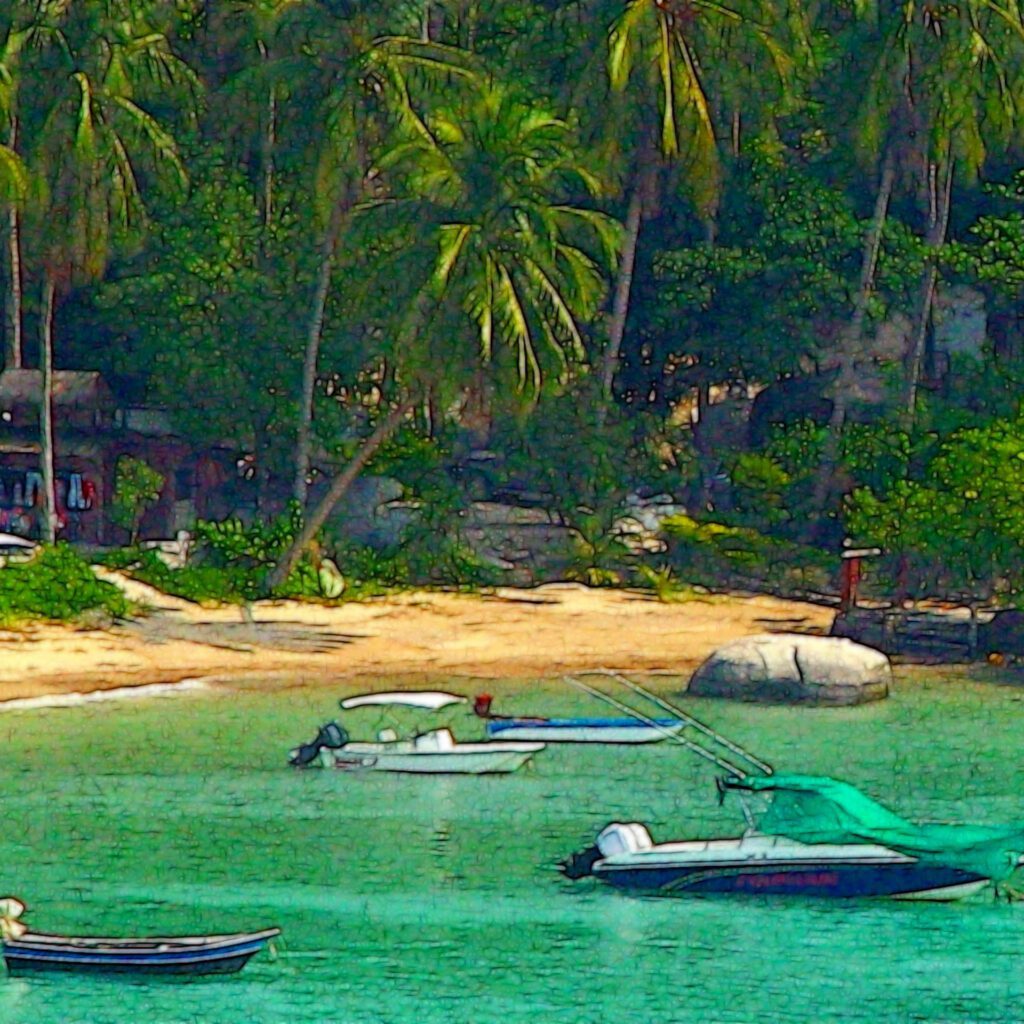 Koh Tao — The Vacation That Taught Me How I Like to Travel 8 Small boats floating in turquoise water near a tropical beach lined with palm trees in Koh Tao Thailand