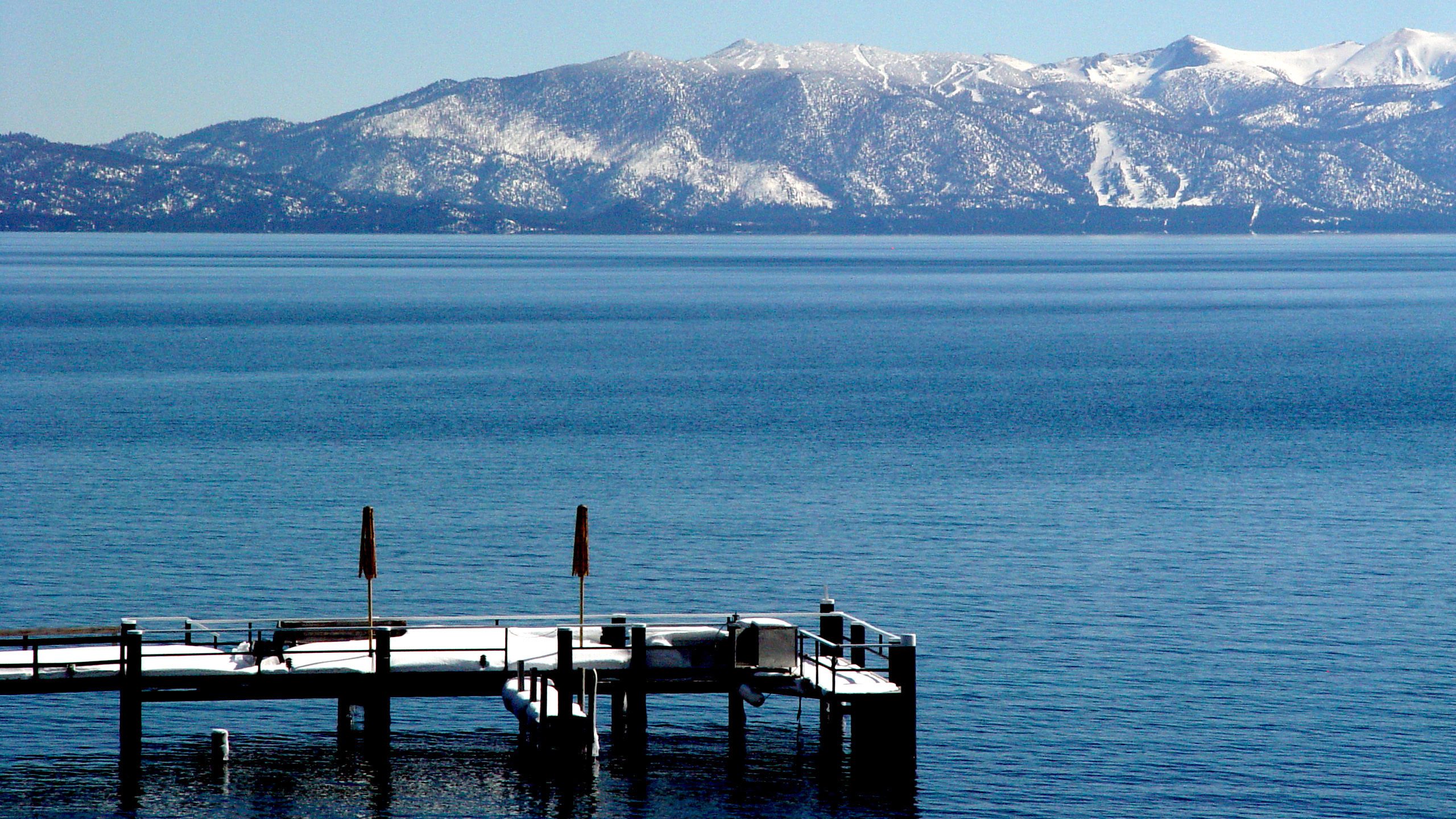 Lake Tahoe Winter Dock and Snowy Mountains