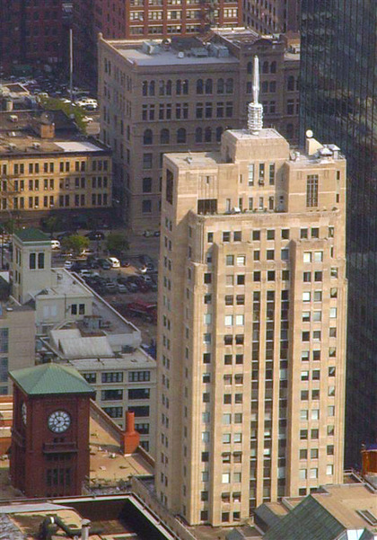 Historic Art Deco building viewed from above in downtown Chicago.