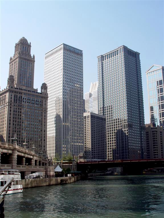 Downtown Chicago skyline rising above the Chicago River.