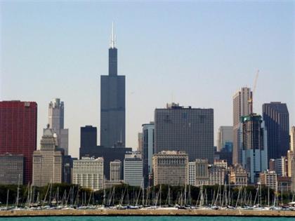 Chicago skyline featuring Willis Tower viewed from the waterfront.