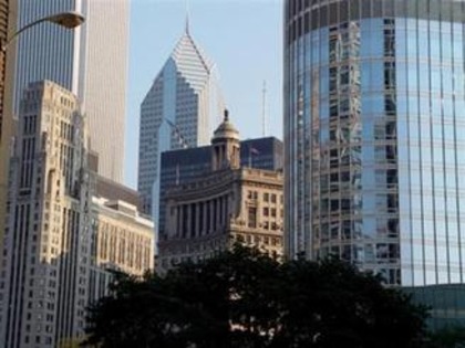 Historic and modern architecture blending together in downtown Chicago.