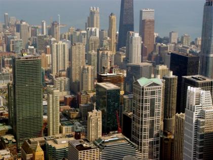 Aerial view of downtown Chicago skyscrapers from Willis Tower.