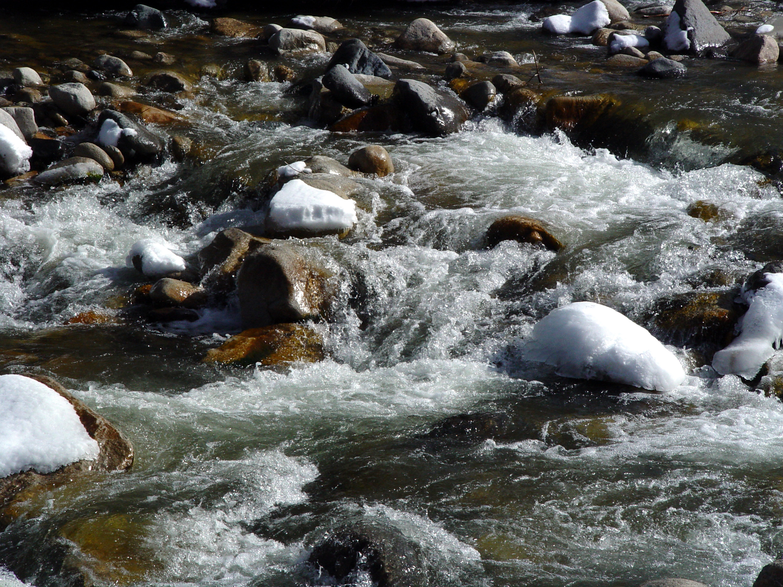 Icy Mountain Stream Through Snowy Rocks