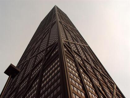 Looking upward at the John Hancock Center in downtown Chicago.