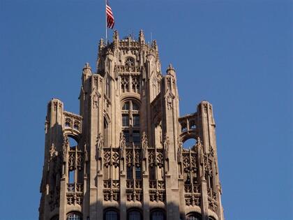 The ornate Gothic crown of Chicago's historic Tribune Tower.